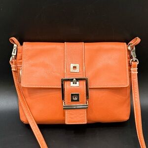 PERLINA Orange Leather Fold Over Silver Buckle Accent Small Crossbody Bag